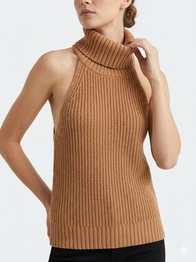 NUDE Italian Ribbed Turtleneck Halter Sweater - Camel Tan‎ S/M